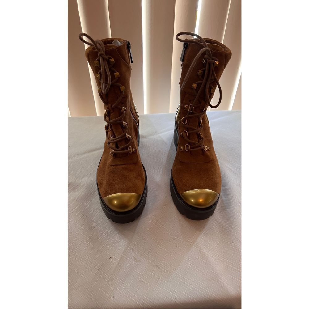 Michael Kors womens Suede Leather Chunky Heel Ankle Boots Brown Gold Size 9.5 - Picture 4 of 15